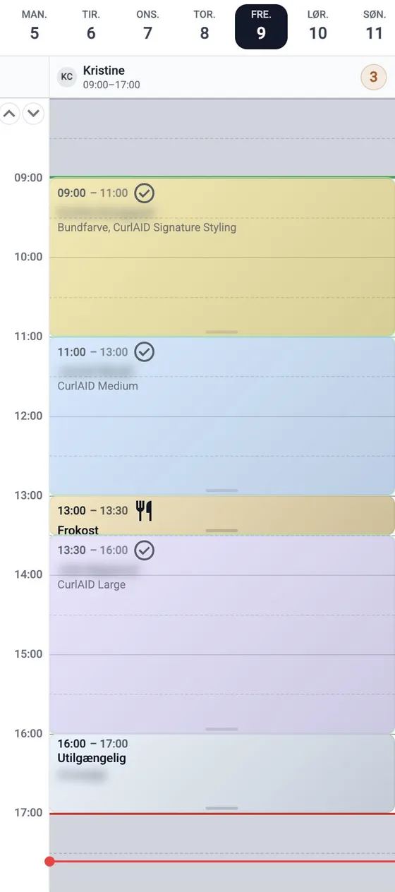 Dagens kalender i AppointAID med en frokostpause lagt ind automatisk kl. 13.00-13.30