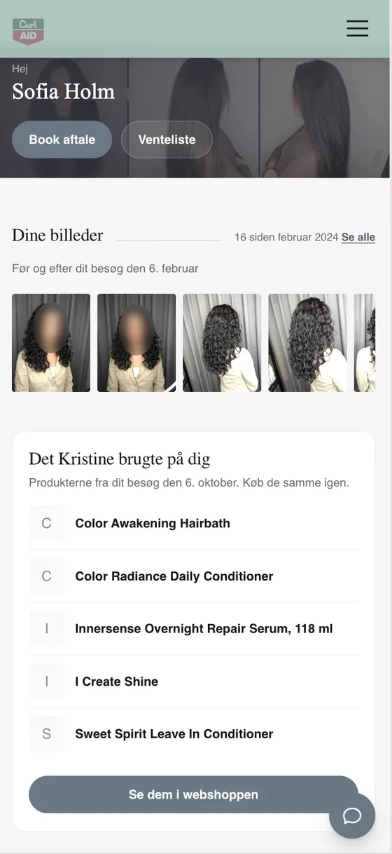 Kundens egen side på salonens hjemmeside: billeder fra besøgene og de produkter, frisøren brugte